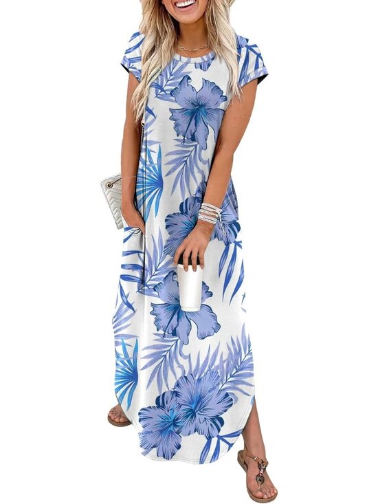 Dresses & Skirts - Women's Floral Blue Leaf Summer Cap Sleeve Crewneck Beach Maxi Dress with Pocket